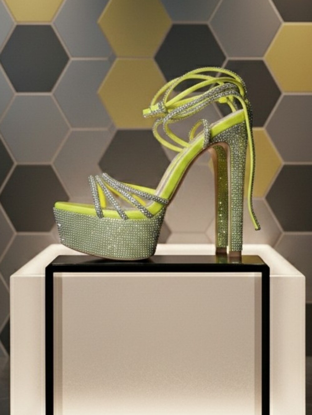 Luminous Yellow Rhinestone Lace-Up Platform Heels - Picture 7 of 15